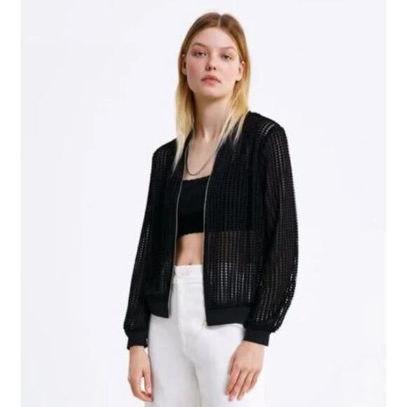 Zara Textured Mesh Open Knit Full Zip Bomber Jacket Black Women's Size Medium - Picture 1 of 6